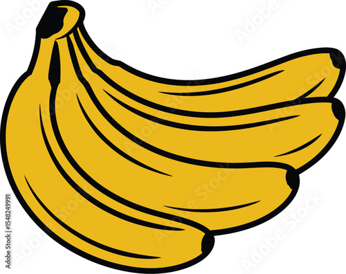 A cartoon illustration of a bunch of yellow bananas with black outlines on a white background plain view