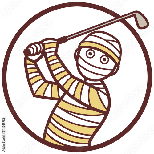 Cartoon mummy swings a golf club inside a simple brown circle shape against white