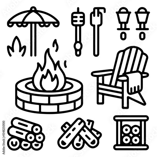 high quality backyard firepit outdoor features line icon set