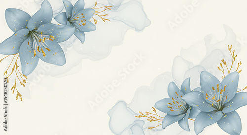 Elegant Floral Frame Design with Light Blue Lilies and Golden Accents for Invitations and Greetings