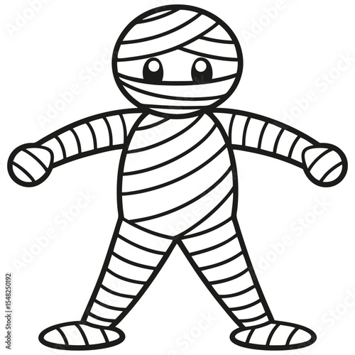 Black and white cartoon mummy character with big eyes stands isolated on a transparent background