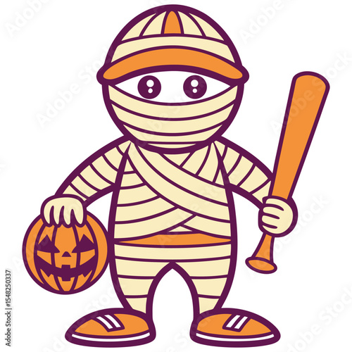 Cartoon mummy dressed for Halloween carries a pumpkin and bat in his hands