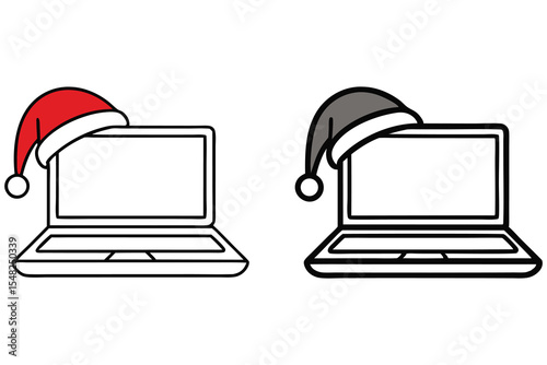 Two outlined laptop icons are adorned with winter holiday Santa hats on white