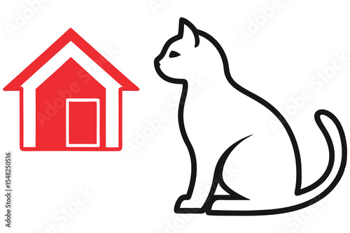 A contoured black cat sits gracefully beside a red house outline on white
