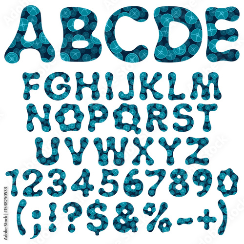 Font, alphabet, letter, number with jellyfish. Isolated vector objects on white background.