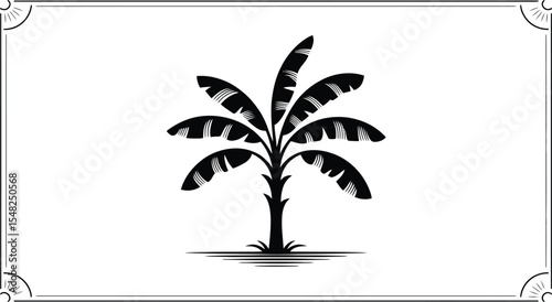 A stylized black banana tree with detailed leaves on a light background with a decorative border design