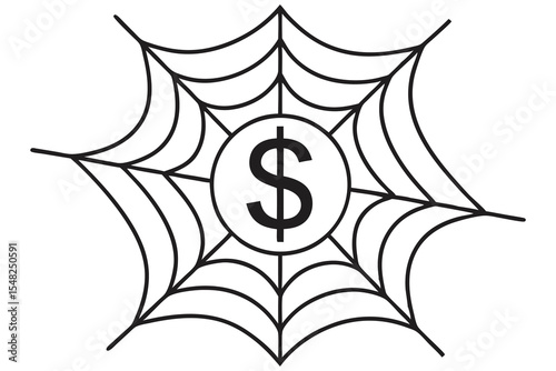 Isolated dollar sign icon captured inside a simple spider web line art