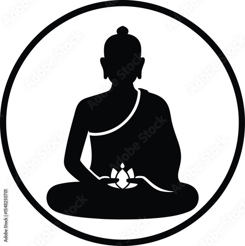 Silhouette of buddha meditating inside a circle on a white background in a minimalist style image art