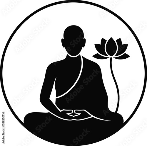 A black silhouette of a meditating monk with a lotus flower inside a circle on a light background