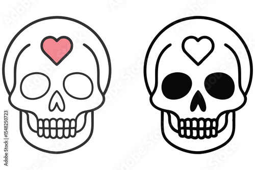 Two linear skull icons, one with a pink heart, exhibit a cheerful, transparent style