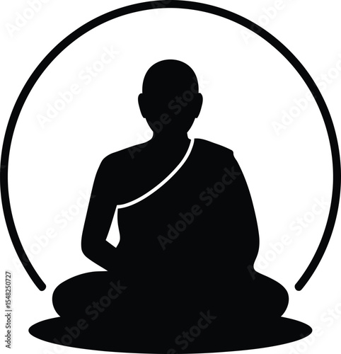 A silhouette of a monk meditating inside a circle on a white background in a simple vector style