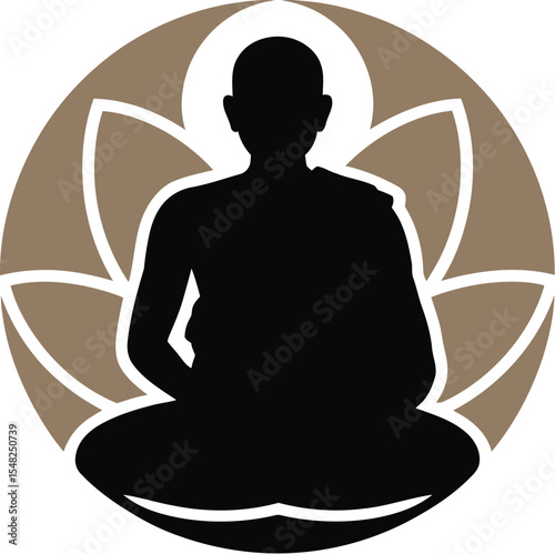 A silhouette of a person meditating inside a lotus flower on a light beige background illustration