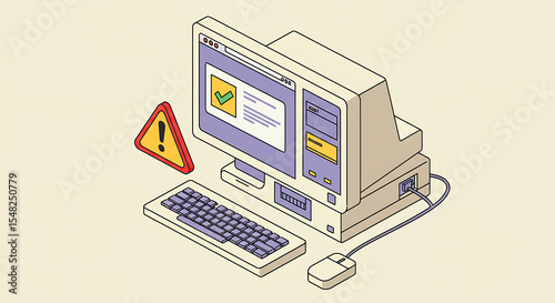 Retro Computer with Exclamation Point Warning Sign Digital Illustration Aesthetic Art Design for Technology Concept and Outdated System Representation