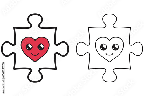 Two cute puzzle pieces display a red heart with a smiling face on white