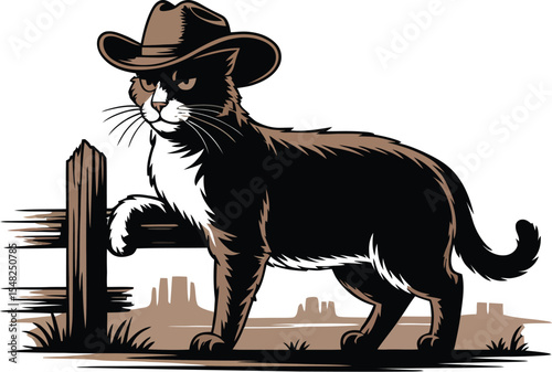 A black and white cat wearing a cowboy hat standing near a wooden fence in a western scene design