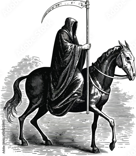 A grim reaper riding a horse with a scythe in a black and white illustration on a white background