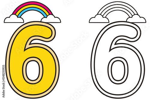 Number six appears cheerful with colorful rainbow and fluffy clouds in a playful style