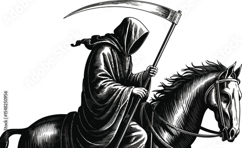 Grim reaper with scythe riding a horse in a monochrome drawing style on a light background image