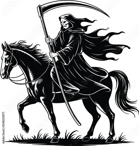 Grim reaper riding a black horse with a scythe in a black and white illustration style image