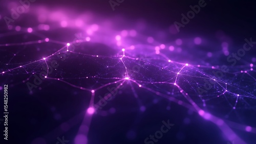 An abstract quantum network composed of violet and purple glowing nodes interconnected in a fractal-like digital grid, floating in deep space. Generative Ai.