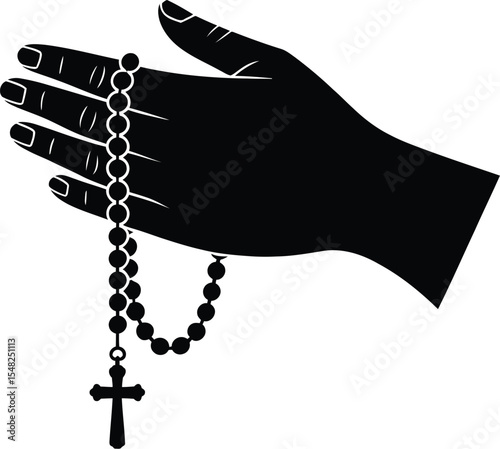 A black silhouette of a hand holding a rosary with a cross against a white background illustration