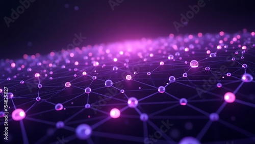 An abstract quantum network composed of violet and purple glowing nodes interconnected in a fractal-like digital grid, floating in deep space. Generative Ai.