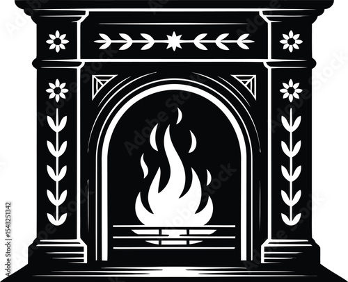 A black and white graphic illustration of a fireplace with floral accents and a bright flame inside