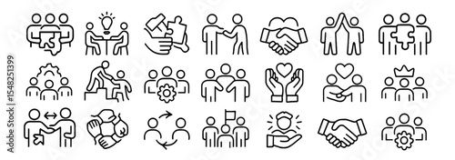 Teamwork, cooperation, handshake, puzzle solving, support, organization, agreement, help, group, partnership, successful business collaboration icon set, vector illustration.