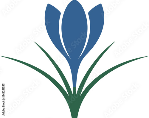 A simple graphic of a blue crocus flower with green leaves on a white background in a flat style