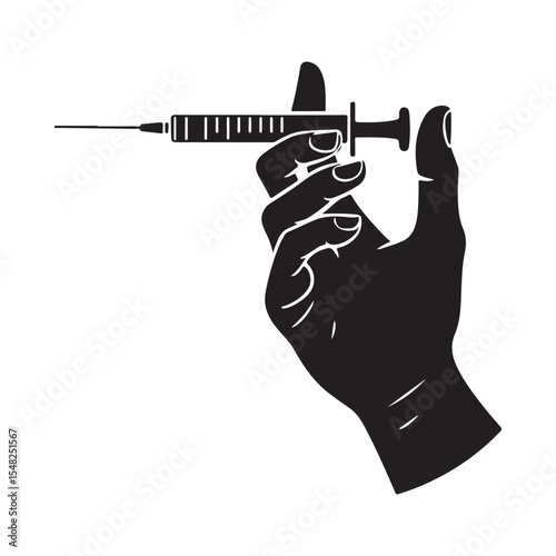 Black Hand silhouette holds a syringe with a vaccine. Vector Illustration