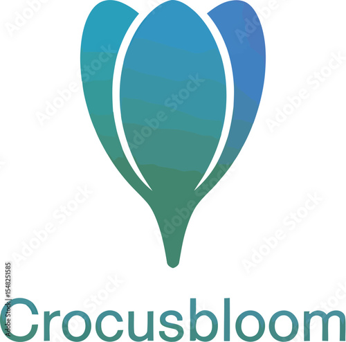 A minimalist logo of a stylized flower with gradient petals on a light background with text below it
