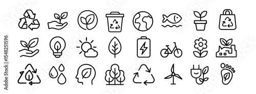 Ecology icon set, ecofriendly icon, nature icons set, sustainable energy, recycling symbol, forest care, zero waste, organic environment, green earth, vector illustration, cutout.