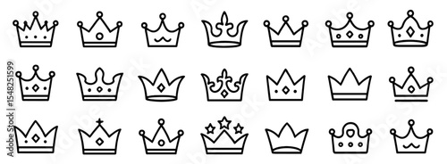Crown icon set, line crown symbol, royal headwear collection, vector illustration, regal emblem, monarchy icon, luxury symbol, vintage insignia, royalty, authority, png.