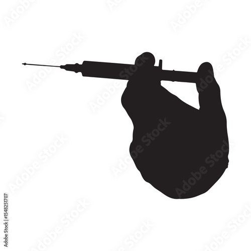 Black Hand silhouette holds a syringe with a vaccine. Vector Illustration
