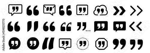 Black quote mark icon set, speech mark collection, inverted commas symbol, punctuation symbols, quotation graphic, typographic icon pack, vector illustration.