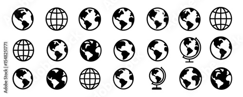 Earth globe icon set, world map in sphere, continents in hemisphere view, isolated on white, vector illustration, geography, cartography, atlas, earth map, png.
