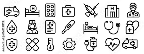 Medical health care icon set with doctor, hospital, stethoscope, heart beat, ambulance, drug, nurse, patient, emergency, bed, clinic. Vector illustration, healthcare symbols.