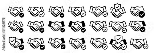 Handshake icon set, partnership deal symbol, business agreement handshake, friendly handshake icon with check mark, vector illustration, team collaboration, alliance, ui, app, png.