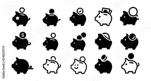 Piggy bank icon in different style, saving money symbol, cute baby pig, finance concept, economy, investment savings, moneybox for kids, vector illustration, isolated cutout, png.