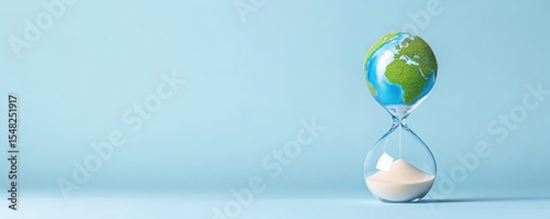 An hourglass with the upper bulb shaped like Earth, symbolizing the urgent passage of time for environmental conservation.