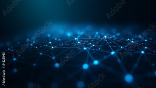 A futuristic digital neural network with glowing electric blue nodes and thin interconnected lines, forming a complex web structure. Generative Ai.
