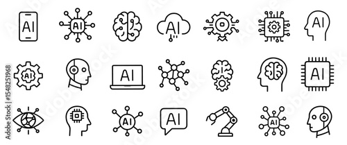 Artificial intelligence icons set, machine learning, neural network, robot head, ai chip, technology brain, system mind, innovation concept, vector illustration, png, isolated.