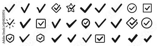 Black check mark icon set, approved tick symbol, circle checkmark isolated on white, verification button, checkbox, success sign, tick label, vector illustration, UI design element.