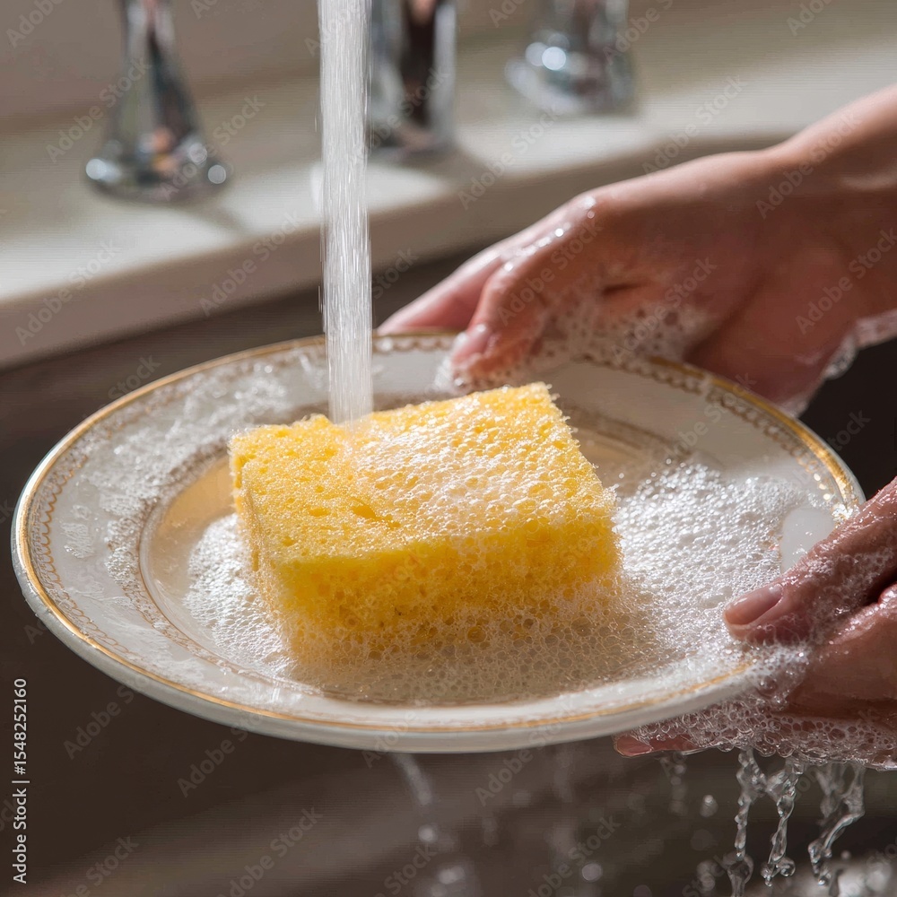 Fototapeta premium Hands washing plate with yellow sponge under running water in kitchen sink