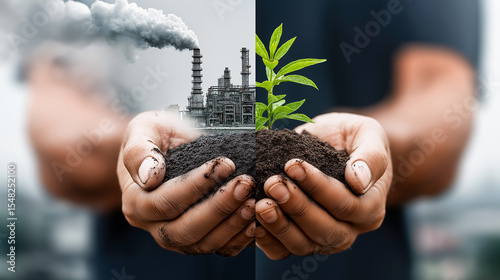 Split-screen of industrial pollution vs green plant in soil