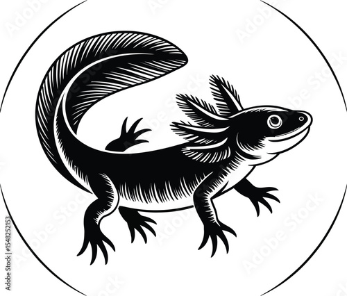 A black and white illustration of an axolotl inside of a circle on a white background design art