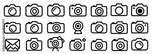 Camera icon set, photo camera icon, photography symbols, vintage camera, compact camera, lens icon, shutter icon, vector illustration, camera equipment, photo gear, cutout, creative tools.