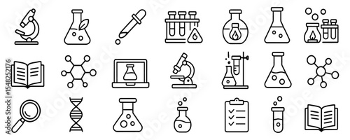 Science laboratory icons vector illustration, chemistry symbols, lab equipment, chemical analysis, science research, scientific experiment, laboratory tools, white background.