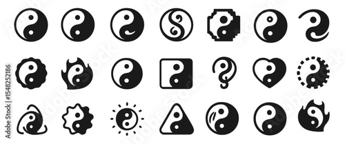 Yin Yang icon set, Yin and Yang symbol, spiritual sign, balance concept, harmony icon, Taoism emblem, Eastern philosophy, vector illustration, cutout, meditation symbol.