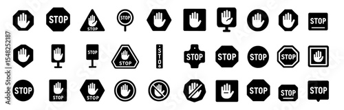 stop sign icon set, stop black sign, stop symbol with hand, traffic control sign, road safety symbol, warning sign, vector illustration.